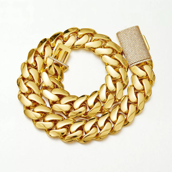 Unisex Jewelry Stainless Steel Cuban Chain Necklace Electroplated Gold Geometric Style With Microinlaid Zircon Diamond Buckle