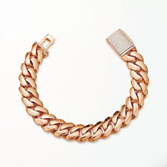Unisex Jewelry Stainless Steel Cuban Chain Necklace With Geometric Pattern And Rose Gold Finish And Micropaved Zircon Diamond Buckle