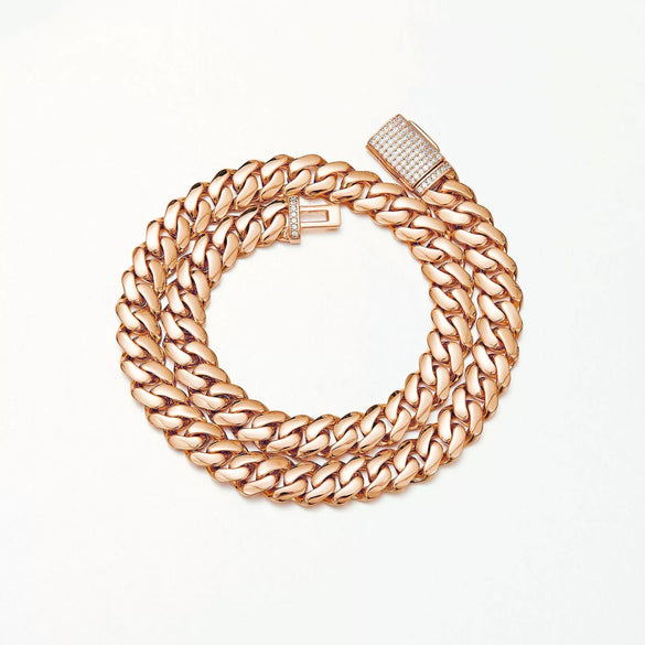 Unisex Jewelry Stainless Steel Cuban Chain Necklace With Geometric Pattern And Rose Gold Finish And Micropaved Zircon Diamond Buckle