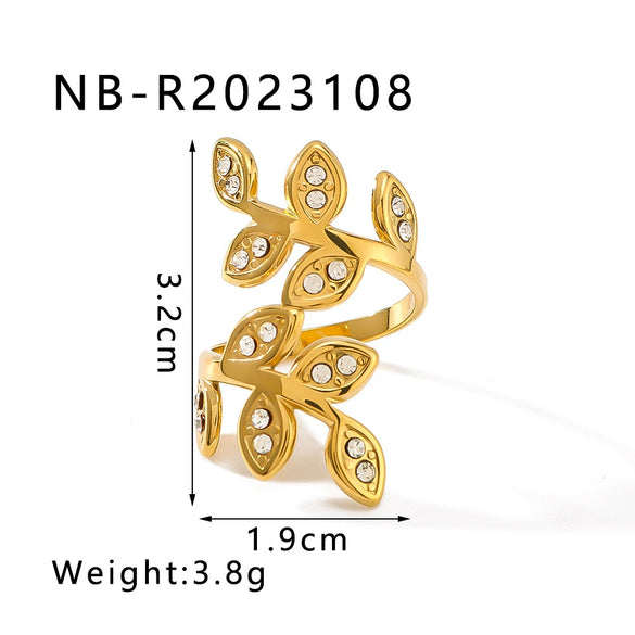 Unisex Love Leaf Heart Butterfly Full Diamond Opening Ring Titanium Steel And Stainless Steel 18K Gold Vacuum Plated