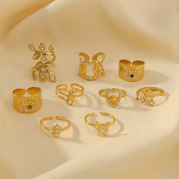 Unisex Love Leaf Heart Butterfly Full Diamond Opening Ring Titanium Steel And Stainless Steel 18K Gold Vacuum Plated