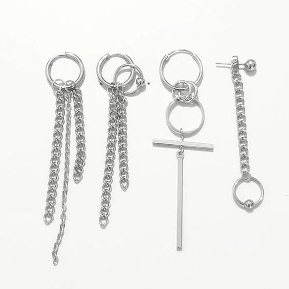 Unisex Metal Geometric Chain Earrings And Ear Clip Set With Electroplated Finish Simple Hip Hop Style Original Design