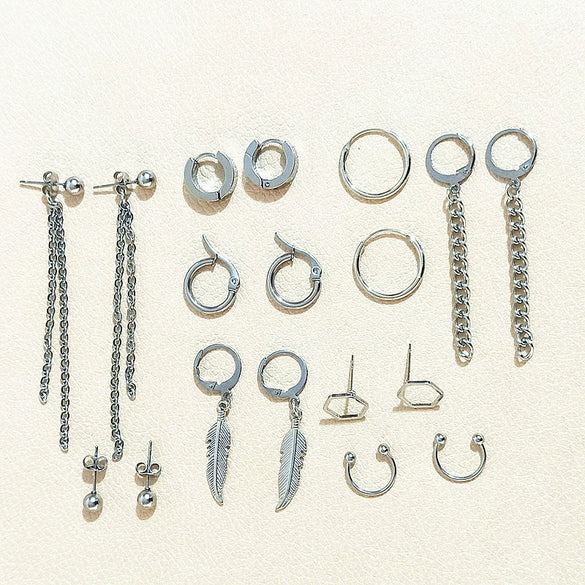 Unisex Metal Geometric Chain Earrings And Ear Clip Set With Electroplated Finish Simple Hip Hop Style Original Design