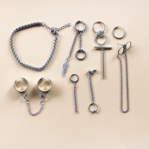 Unisex Metal Geometric Chain Earrings And Ear Clip Set With Electroplated Finish Simple Hip Hop Style Original Design
