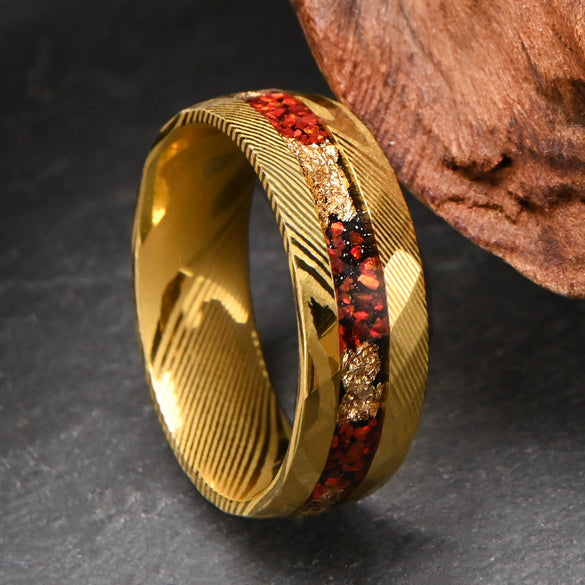 Unisex Minimalist Geometric Tungsten Steel Ring With Gold Electroplating Gold Foil Detail And Red Opal Inlay