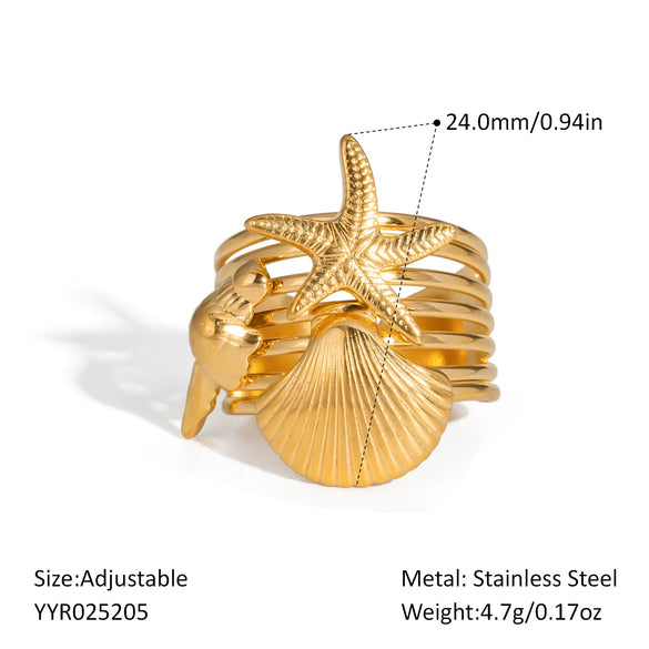 Unisex Ocean Breeze Style Stainless Steel Opening Ring With Geometric Shape Pvd Furnace Vacuum Real Gold Plated