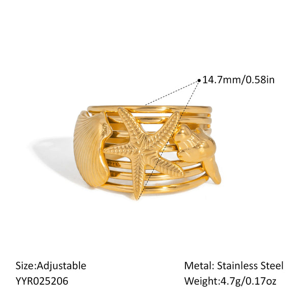 Unisex Ocean Breeze Style Stainless Steel Opening Ring With Geometric Shape Pvd Furnace Vacuum Real Gold Plated