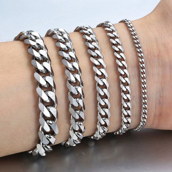 Unisex Polished Stainless Steel Cuban Link Bracelet With Wave Pattern Simple Trendy Jewelry