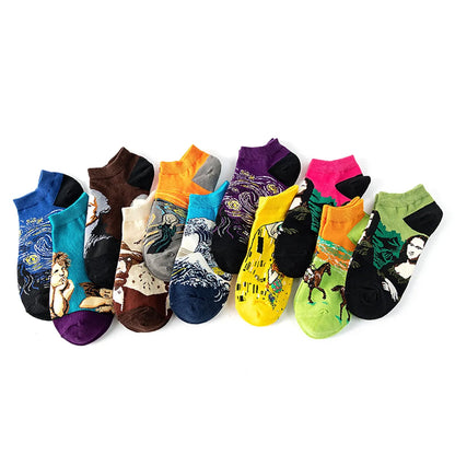 Unisex Retro Color Block Cotton Ankle Socks A Pair