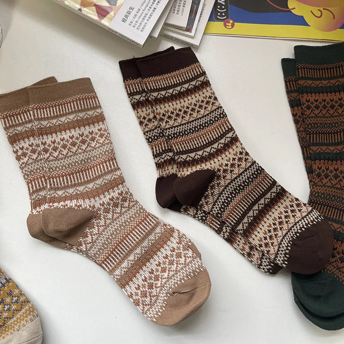 Unisex Retro Ethnic Style Geometric Cotton Crew Socks A Pair