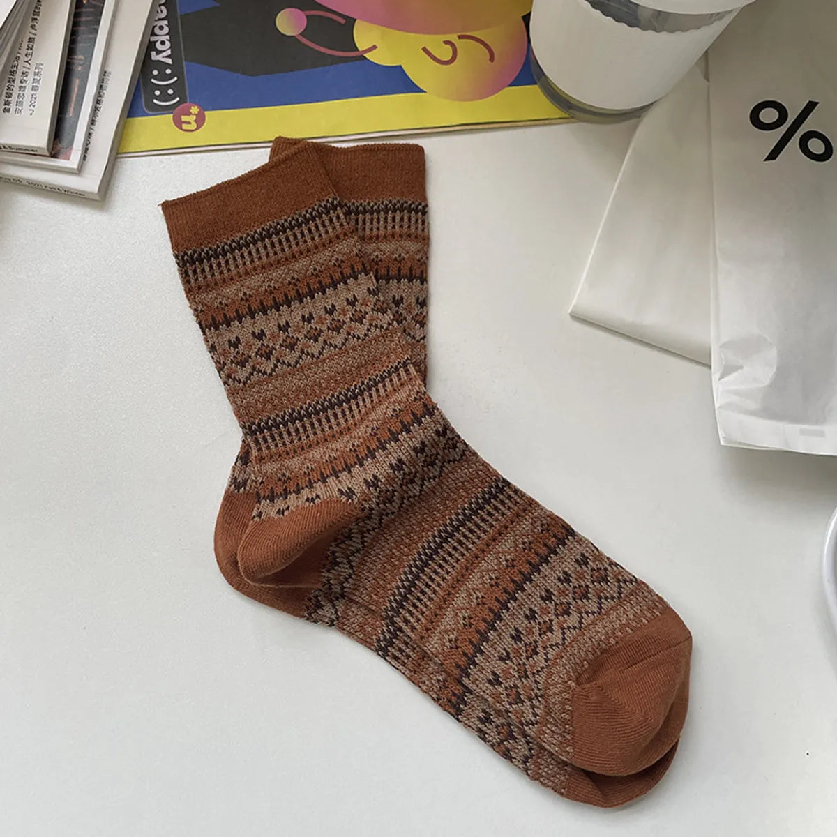 Unisex Retro Ethnic Style Geometric Cotton Crew Socks A Pair