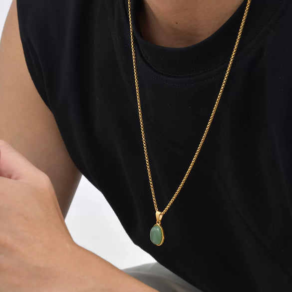Unisex Retro Fashion Jewelry Stainless Steel Geometric Oval Natural Stone Pendant Necklace