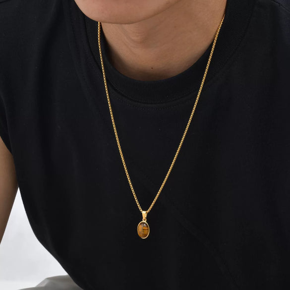 Unisex Retro Fashion Jewelry Stainless Steel Geometric Oval Natural Stone Pendant Necklace