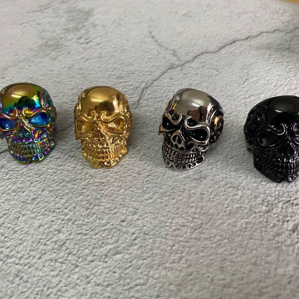 Unisex Retro Hiphop Skull And Flowers Titanium Steel Ring With Oil Treatment