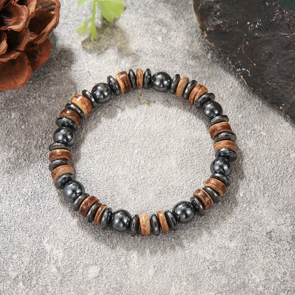 Unisex Retro Wooden And Stone Bead Bracelet Geometric Pattern Handmade