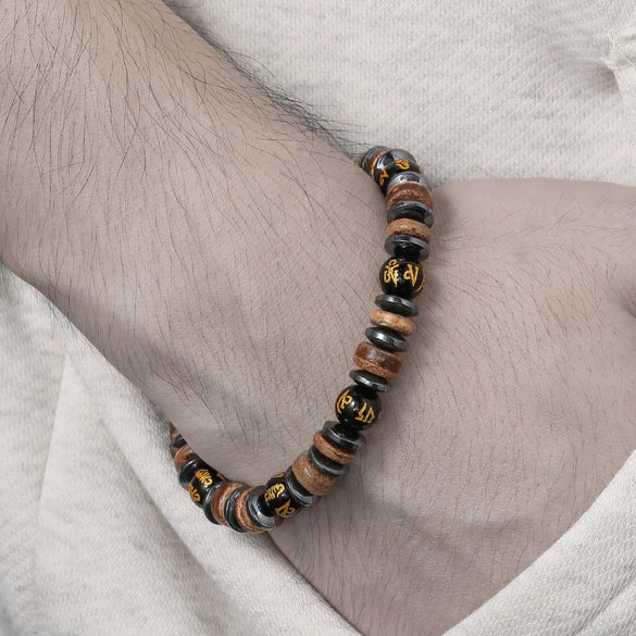 Unisex Retro Wooden And Stone Bead Bracelet Geometric Pattern Handmade