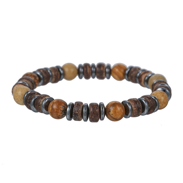 Unisex Retro Wooden And Stone Bead Bracelet Geometric Pattern Handmade