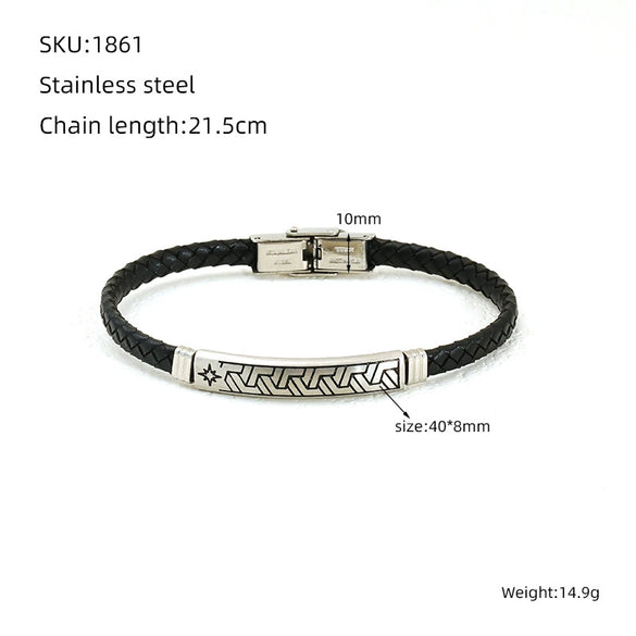 Unisex Rhombus Pattern Titanium Steel Electroplated Couple Leather Bracelet Trendy Jewelry Accessories