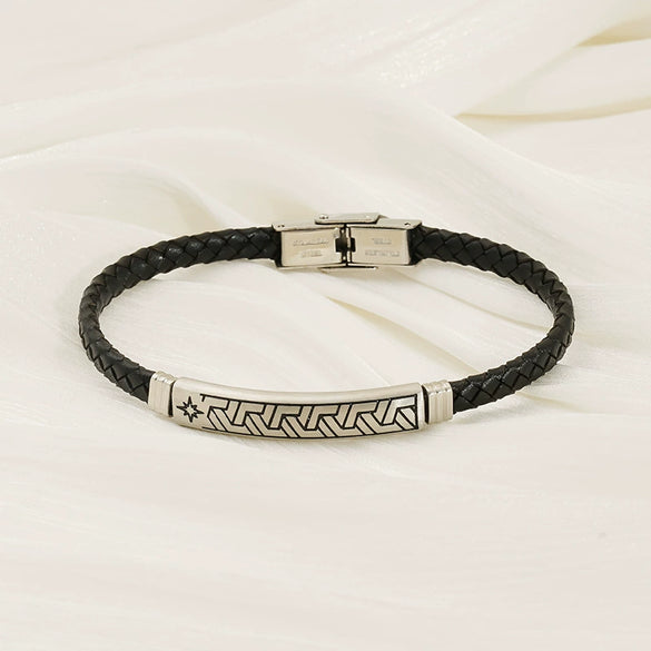 Unisex Rhombus Pattern Titanium Steel Electroplated Couple Leather Bracelet Trendy Jewelry Accessories
