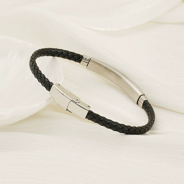 Unisex Rhombus Pattern Titanium Steel Electroplated Couple Leather Bracelet Trendy Jewelry Accessories
