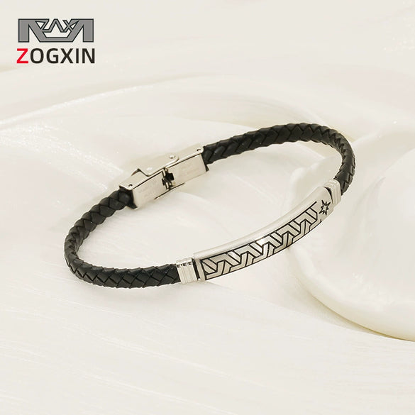 Unisex Rhombus Pattern Titanium Steel Electroplated Couple Leather Bracelet Trendy Jewelry Accessories