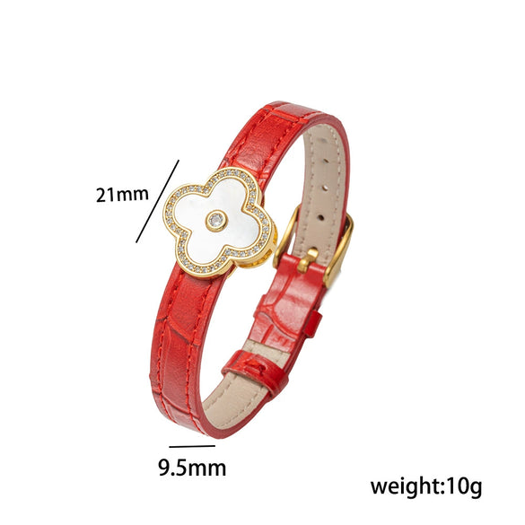 Unisex Simple Electroplated Stainless Steel And Genuine Leather Watch Strap With Bamboo And Flower Patterns