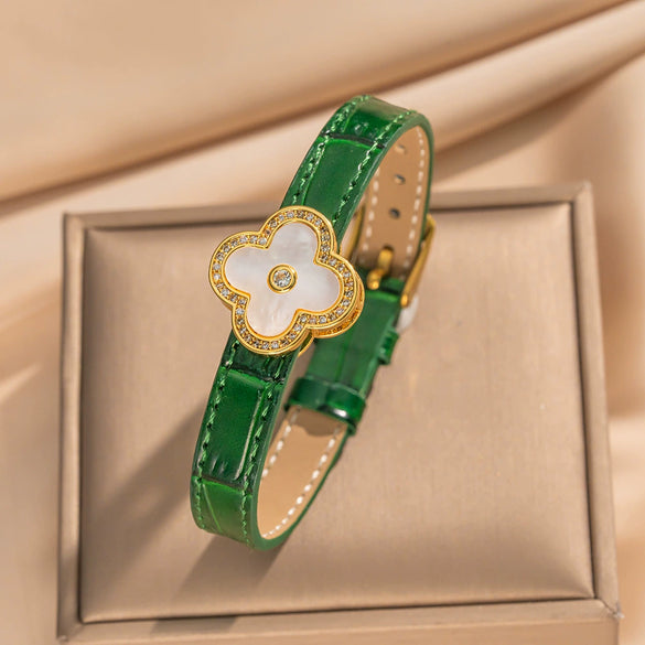 Unisex Simple Electroplated Stainless Steel And Genuine Leather Watch Strap With Bamboo And Flower Patterns