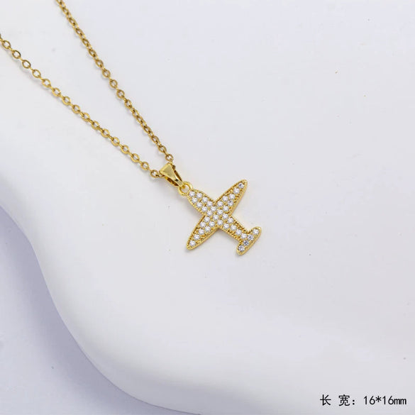 Unisex Simple Fashion Jewelry Copper Airplane Shape Pendant Necklace With Electroplating And Mixed Gemstone Setting