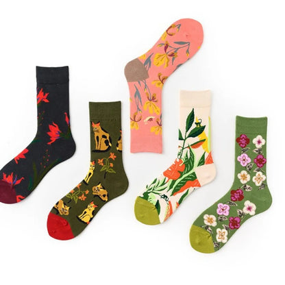 Unisex Simple Style Artistic Color Block Flower Cotton Crew Socks A Pair