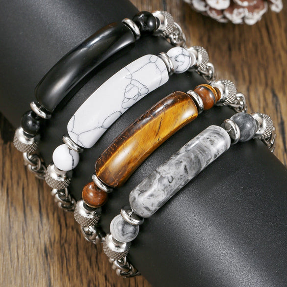 Unisex Stainless Steel And Turquoise Geometric Handmade Beaded Bracelet