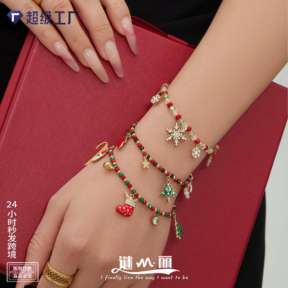 Unisex Stainless Steel Crystal Beaded Bracelet With Zircon Snowflake And Santa Claus Charms Vintage Electroplated Jewelry