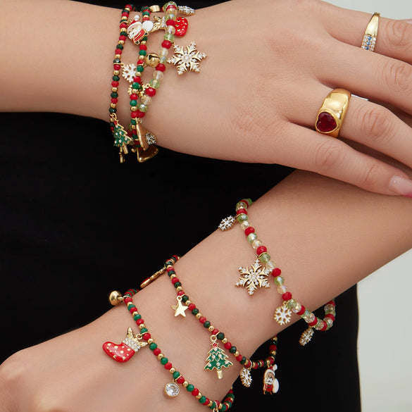 Unisex Stainless Steel Crystal Beaded Bracelet With Zircon Snowflake And Santa Claus Charms Vintage Electroplated Jewelry