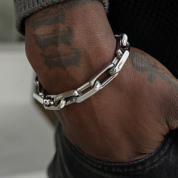 Unisex Stainless Steel Cuban Chain Bracelet With Geometric Cross Link Design And Electroplated Industrial Style