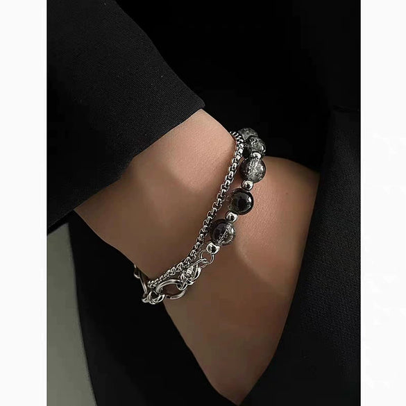 Unisex Stainless Steel Double Layer Chain Bracelet With Geometric Crackle Beads And Electroplated Fashion Design