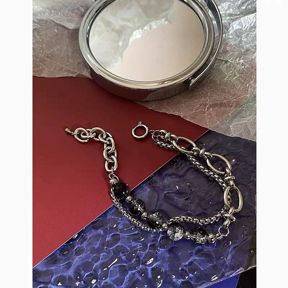 Unisex Stainless Steel Double Layer Chain Bracelet With Geometric Crackle Beads And Electroplated Fashion Design