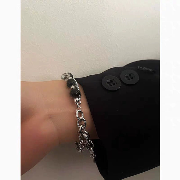 Unisex Stainless Steel Double Layer Chain Bracelet With Geometric Crackle Beads And Electroplated Fashion Design