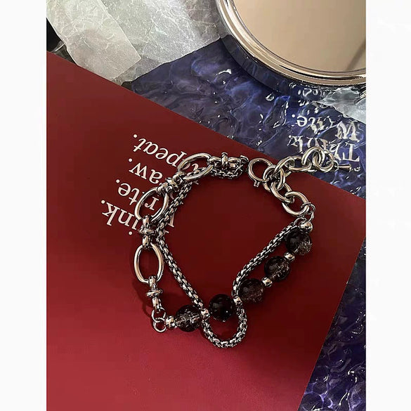 Unisex Stainless Steel Double Layer Chain Bracelet With Geometric Crackle Beads And Electroplated Fashion Design
