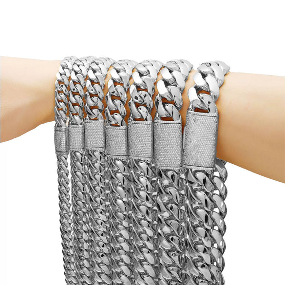 Unisex Stainless Steel Geometric Cuban Chain Necklace Polished With Zircon Diamond Buckle