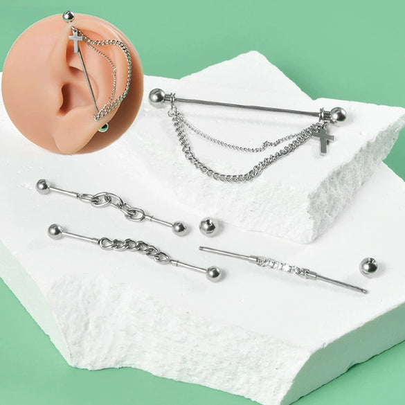 Unisex Stainless Steel Geometric Double Layer Chain Hanging Cross Detachable Ear Bridge Earrings With Electroplating