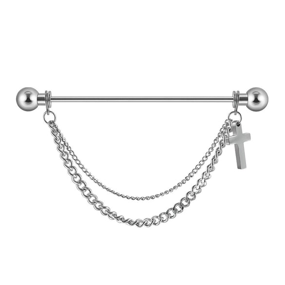 Unisex Stainless Steel Geometric Double Layer Chain Hanging Cross Detachable Ear Bridge Earrings With Electroplating
