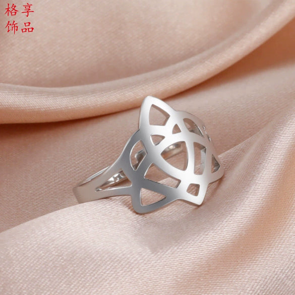 Unisex Stainless Steel Geometric Open Ring With Electroplated Finish And Adjustable Love Knot Design