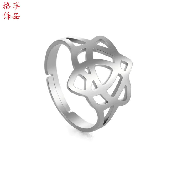 Unisex Stainless Steel Geometric Open Ring With Electroplated Finish And Adjustable Love Knot Design