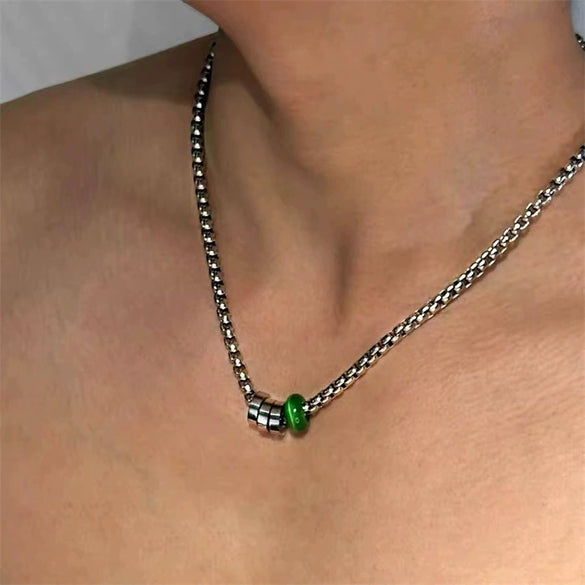 Unisex Stainless Steel Geometric Spliced Chain Necklace With Alloy Pendant Polished Minimalist Retro Choker Design