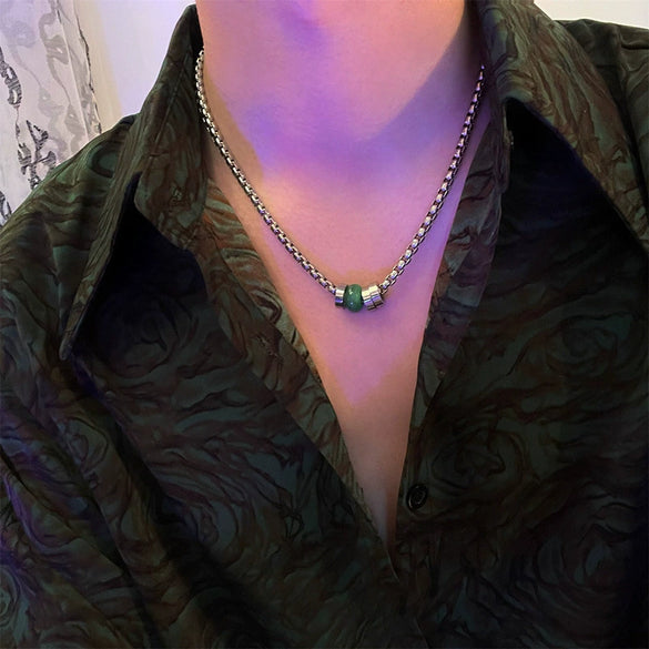 Unisex Stainless Steel Geometric Spliced Chain Necklace With Alloy Pendant Polished Minimalist Retro Choker Design