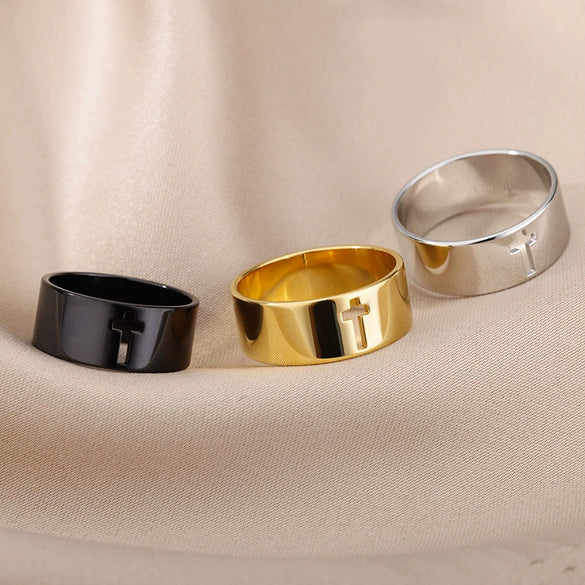 Unisex Stainless Steel Hollow Cross Ring With Electroplating