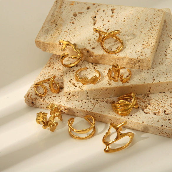 Unisex Stainless Steel Irregular Adjustable Opening Ring With Linear Lava Design And Vacuum Real Gold Pvd Furnace Electroplating