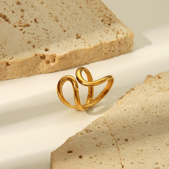 Unisex Stainless Steel Irregular Adjustable Opening Ring With Linear Lava Design And Vacuum Real Gold Pvd Furnace Electroplating