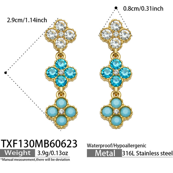 Unisex Stainless Steel 18K Gold Plated Four Leaf Flower Rhinestone Jewelry Set Necklace Earrings Bracelet Ring