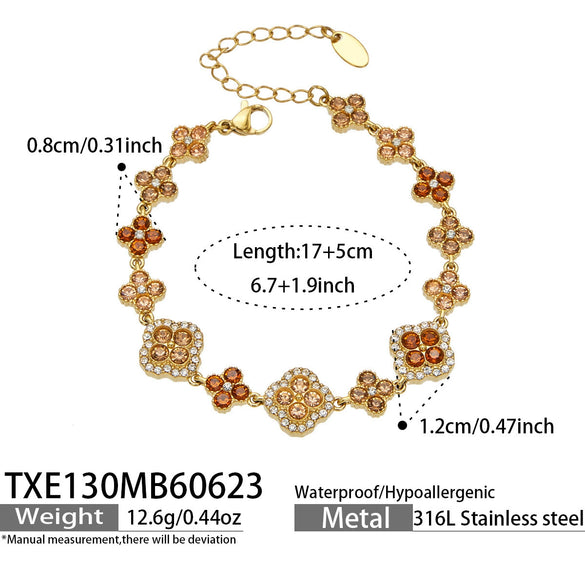 Unisex Stainless Steel 18K Gold Plated Four Leaf Flower Rhinestone Jewelry Set Necklace Earrings Bracelet Ring