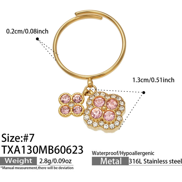 Unisex Stainless Steel 18K Gold Plated Four Leaf Flower Rhinestone Jewelry Set Necklace Earrings Bracelet Ring